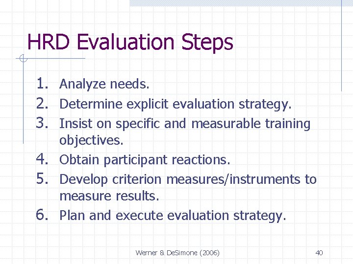 HRD Evaluation Steps 1. Analyze needs. 2. Determine explicit evaluation strategy. 3. Insist on