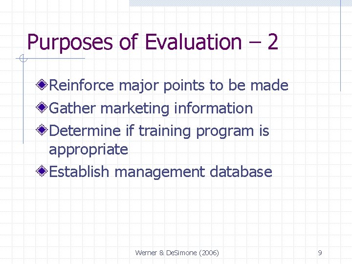 Purposes of Evaluation – 2 Reinforce major points to be made Gather marketing information