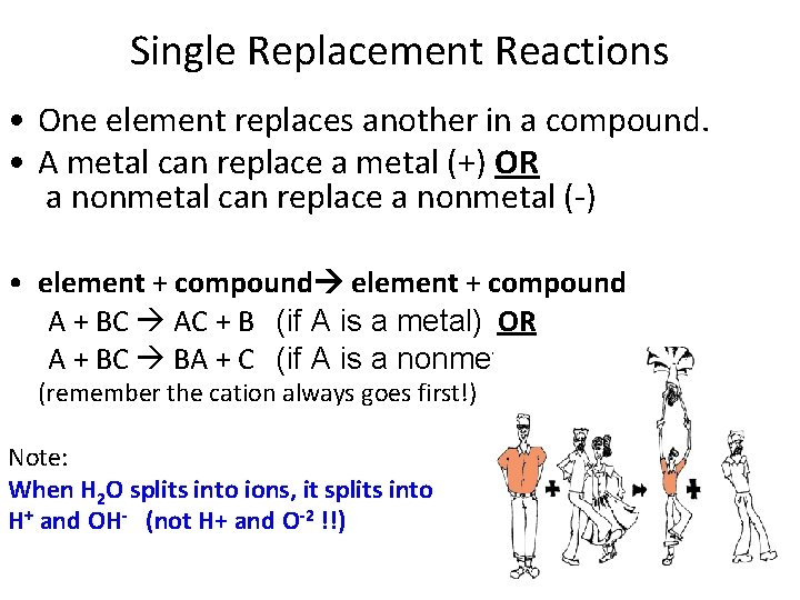 Single Replacement Reactions • One element replaces another in a compound. • A metal