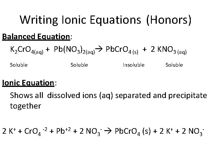 Writing Ionic Equations (Honors) Balanced Equation: K 2 Cr. O 4(aq) + Pb(NO 3)2(aq)