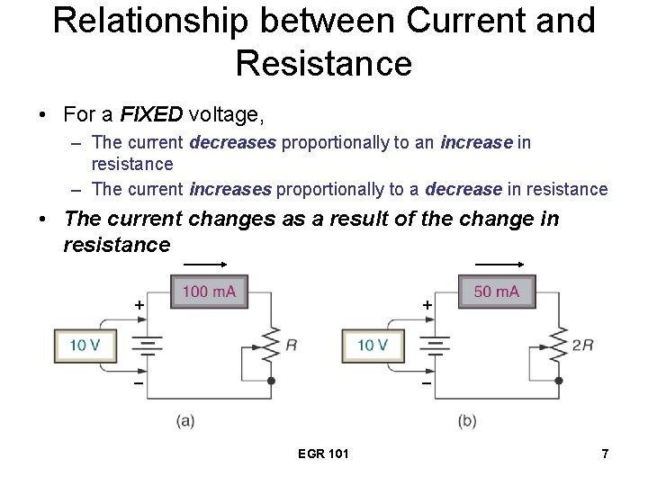 Relationship between Current and Resistance • For a FIXED voltage, – The current decreases