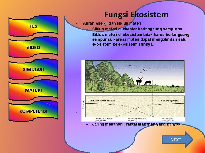 Fungsi Ekosistem TES • Aliran energi dan siklus materi – Siklus materi di ekosfer