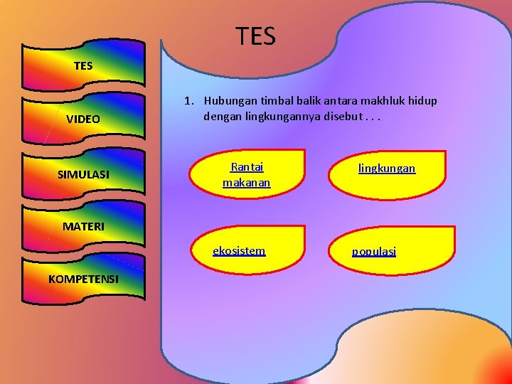 TES VIDEO SIMULASI 1. Hubungan timbal balik antara makhluk hidup dengan lingkungannya disebut. .