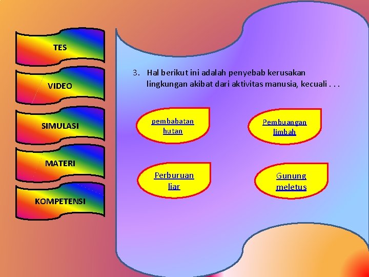 TES VIDEO SIMULASI 3. Hal berikut ini adalah penyebab kerusakan lingkungan akibat dari aktivitas