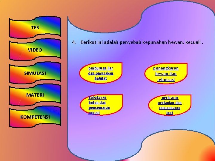 TES VIDEO SIMULASI MATERI KOMPETENSI 4. Berikut ini adalah penyebab kepunahan hewan, kecuali. .