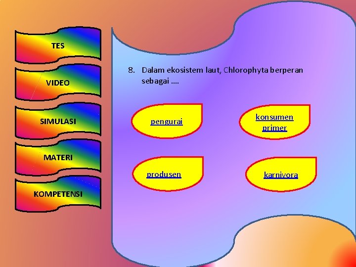 TES VIDEO SIMULASI 8. Dalam ekosistem laut, Chlorophyta berperan sebagai …. pengurai konsumen primer