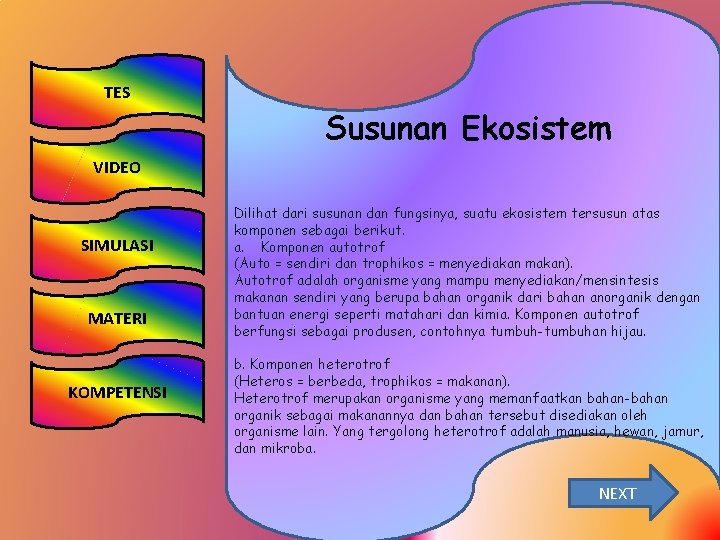 TES Susunan Ekosistem VIDEO SIMULASI MATERI KOMPETENSI Dilihat dari susunan dan fungsinya, suatu ekosistem