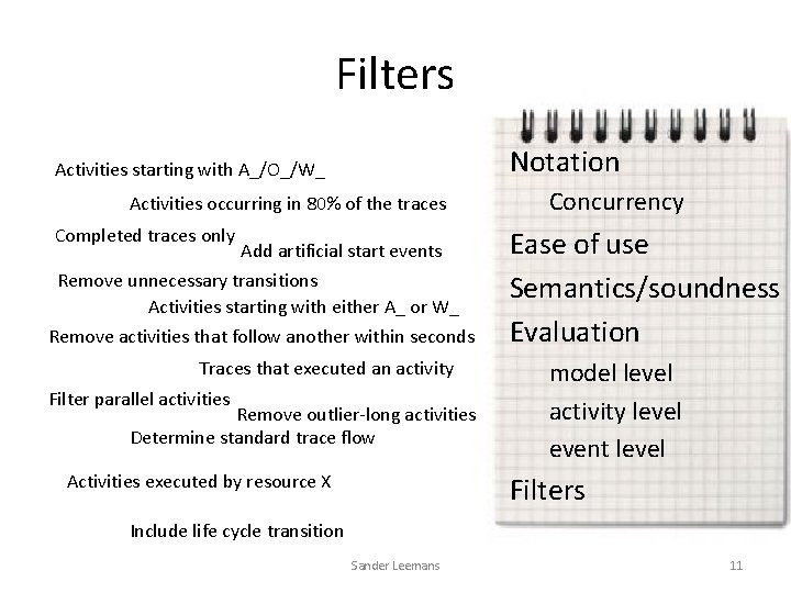 Filters Notation Activities starting with A_/O_/W_ Activities occurring in 80% of the traces Completed