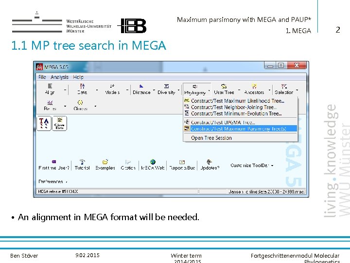 Maximum parsimony with MEGA and PAUP* 1. MEGA 2 1. 1 MP tree search