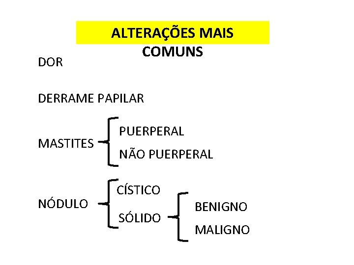 DOR ALTERAÇÕES MAIS COMUNS DERRAME PAPILAR MASTITES NÓDULO PUERPERAL NÃO PUERPERAL CÍSTICO SÓLIDO BENIGNO