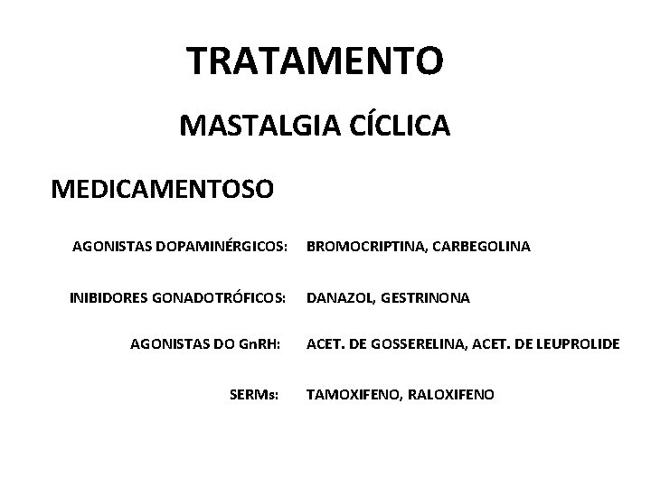 TRATAMENTO MASTALGIA CÍCLICA MEDICAMENTOSO AGONISTAS DOPAMINÉRGICOS: BROMOCRIPTINA, CARBEGOLINA INIBIDORES GONADOTRÓFICOS: DANAZOL, GESTRINONA AGONISTAS DO