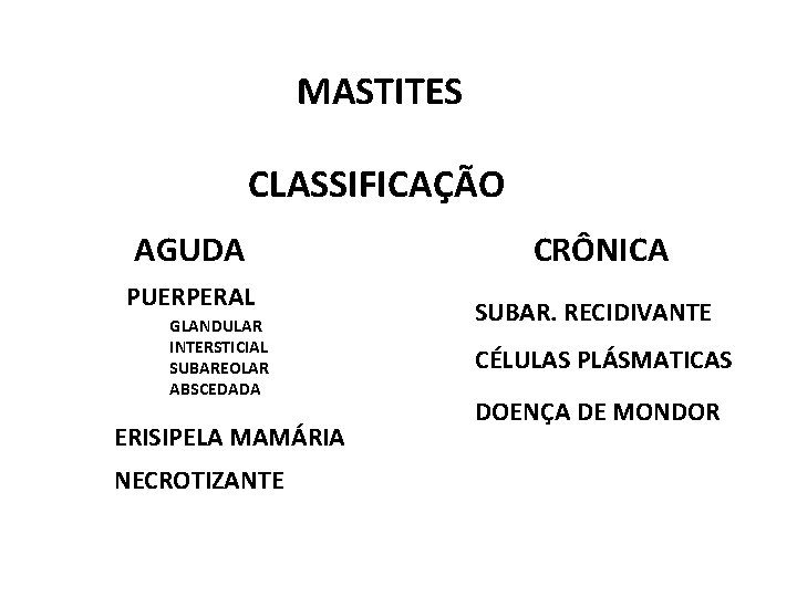 MASTITES CLASSIFICAÇÃO AGUDA PUERPERAL GLANDULAR INTERSTICIAL SUBAREOLAR ABSCEDADA ERISIPELA MAMÁRIA NECROTIZANTE CRÔNICA SUBAR. RECIDIVANTE