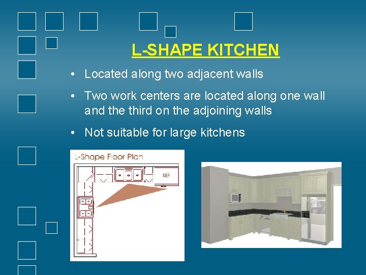 L-SHAPE KITCHEN • Located along two adjacent walls • Two work centers are located