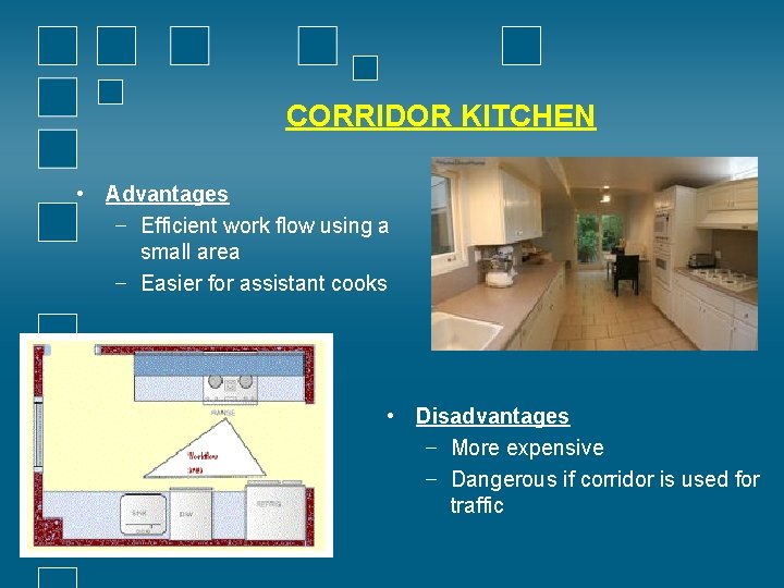CORRIDOR KITCHEN • Advantages − Efficient work flow using a small area − Easier