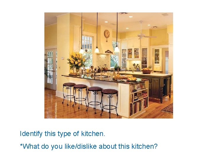 Identify this type of kitchen. *What do you like/dislike about this kitchen? 