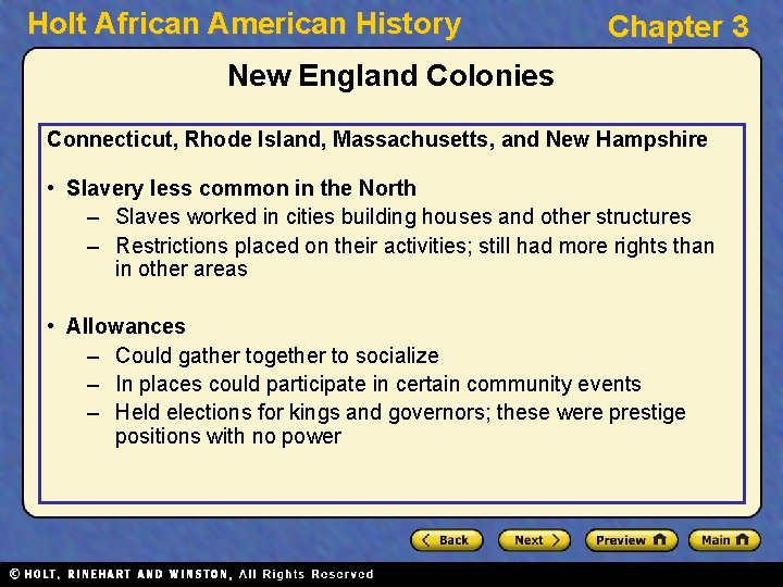 Holt African American History Chapter 3 New England Colonies Connecticut, Rhode Island, Massachusetts, and