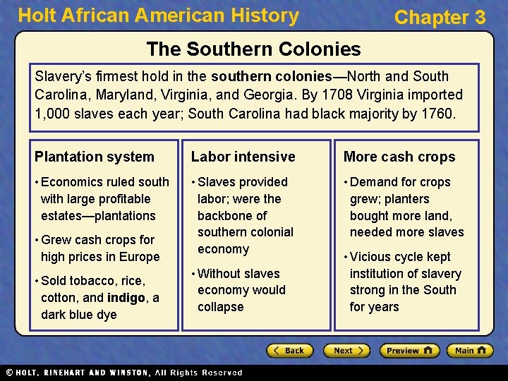 Holt African American History Chapter 3 The Southern Colonies Slavery’s firmest hold in the