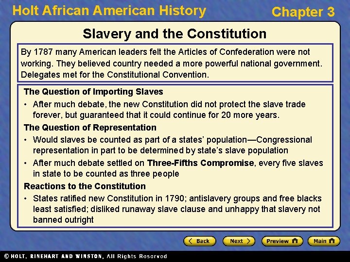 Holt African American History Chapter 3 Slavery and the Constitution By 1787 many American