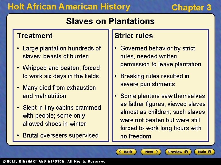 Holt African American History Chapter 3 Slaves on Plantations Treatment Strict rules • Large