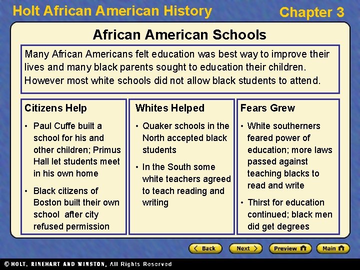Holt African American History Chapter 3 African American Schools Many African Americans felt education