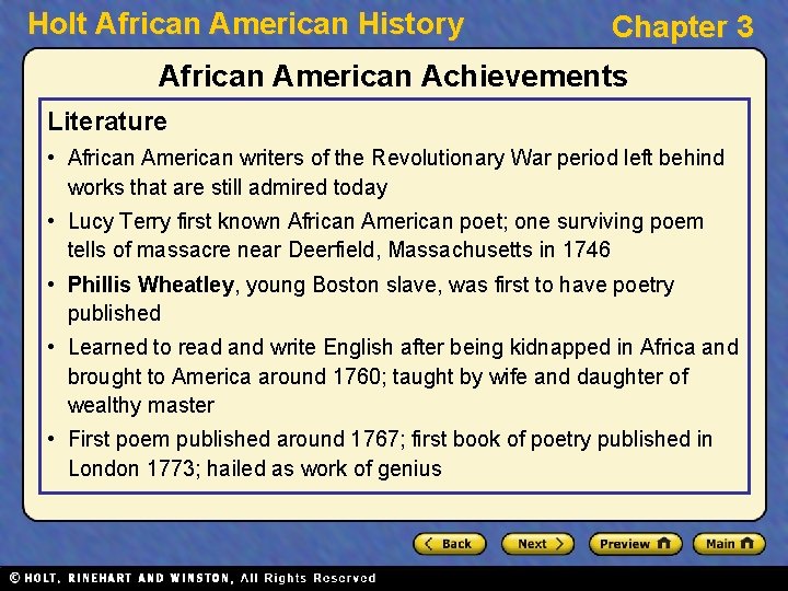 Holt African American History Chapter 3 African American Achievements Literature • African American writers