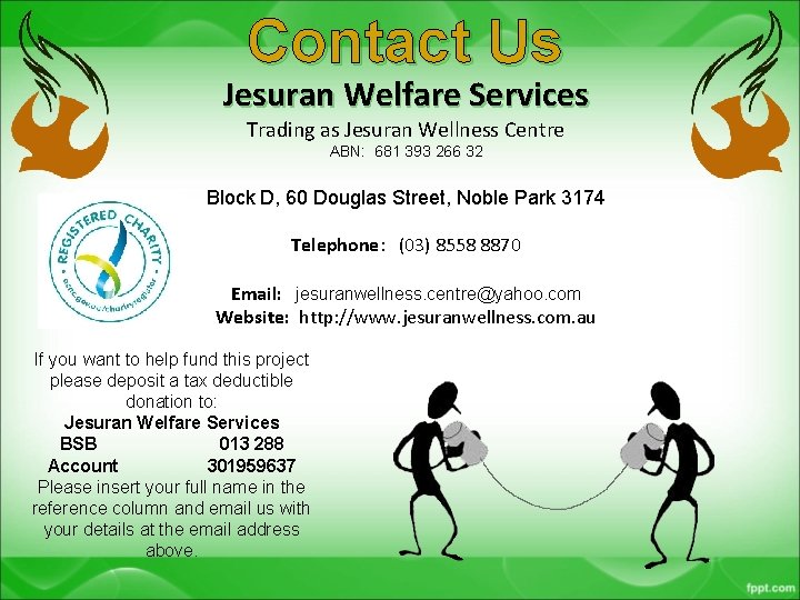 Contact Us Jesuran Welfare Services Trading as Jesuran Wellness Centre ABN: 681 393 266