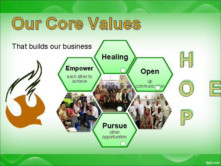 Our Core Values That builds our business Healing Empower Open each other to achieve