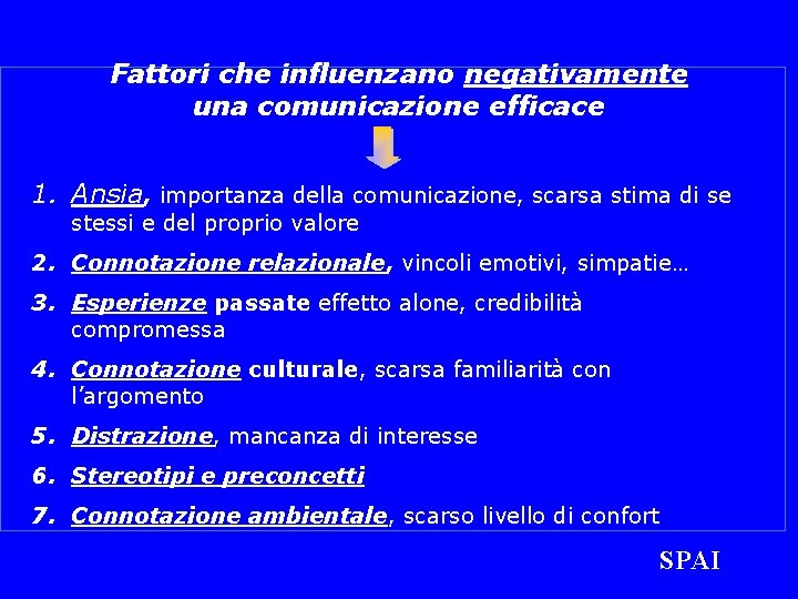 Fattori che influenzano negativamente una comunicazione efficace 1. Ansia, importanza della comunicazione, scarsa stima