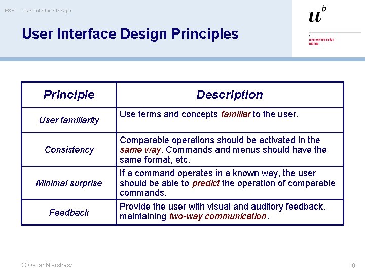 ESE — User Interface Design Principles Principle User familiarity Consistency Minimal surprise Feedback ©