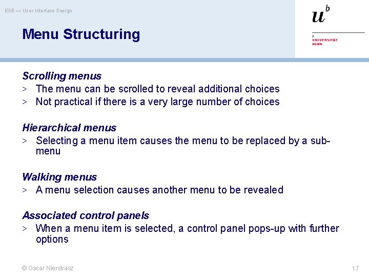 ESE — User Interface Design Menu Structuring Scrolling menus > The menu can be