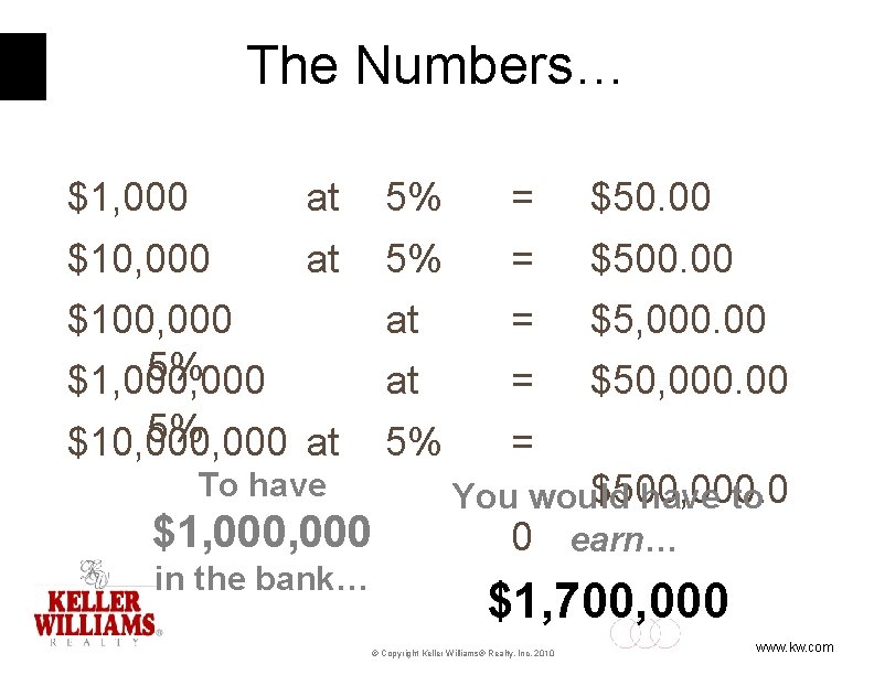 The Numbers… $1, 000 at 5% = $50. 00 $10, 000 at 5% =