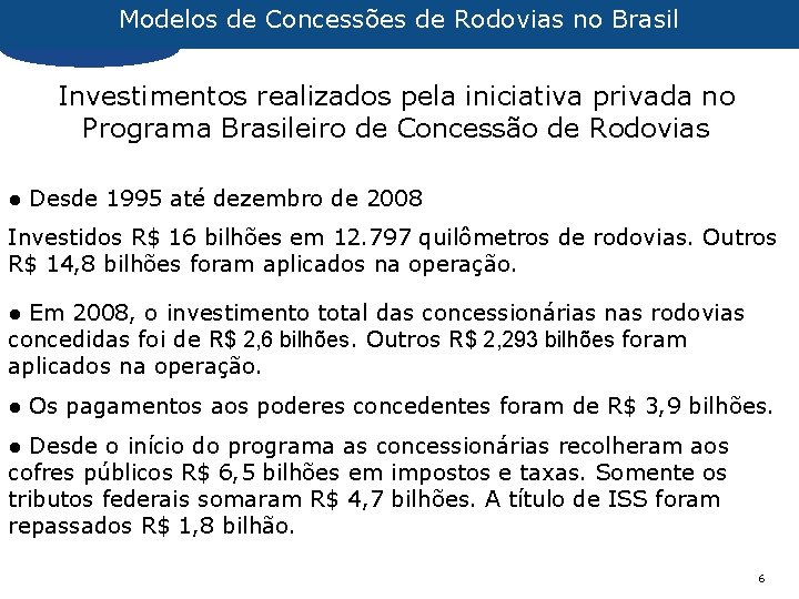 Modelos de Concessões de Rodovias no Brasil Investimentos realizados pela iniciativa privada no Programa