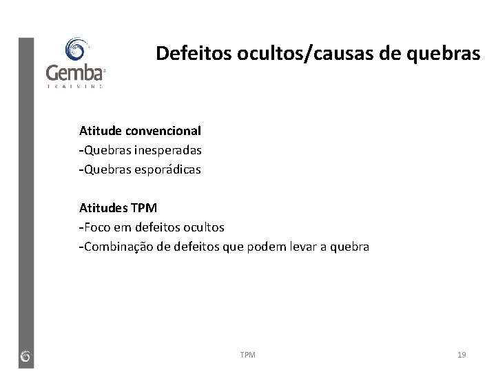 Defeitos ocultos/causas de quebras Atitude convencional -Quebras inesperadas -Quebras esporádicas Atitudes TPM -Foco em Defeitos ocultos/causas de quebras Atitude convencional -Quebras inesperadas -Quebras esporádicas Atitudes TPM -Foco em