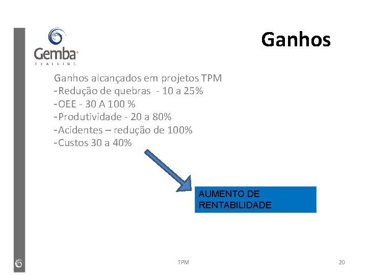 Ganhos alcançados em projetos TPM -Redução de quebras - 10 a 25% -OEE - Ganhos alcançados em projetos TPM -Redução de quebras - 10 a 25% -OEE -