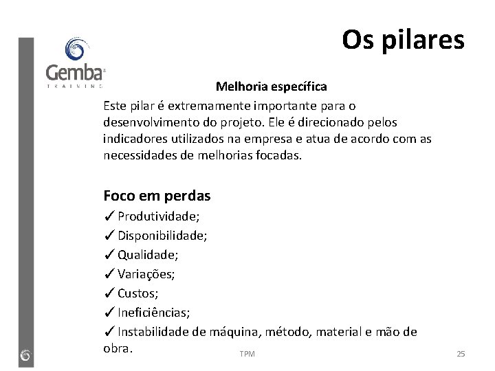 Os pilares Melhoria específica Este pilar é extremamente importante para o desenvolvimento do projeto. Os pilares Melhoria específica Este pilar é extremamente importante para o desenvolvimento do projeto.