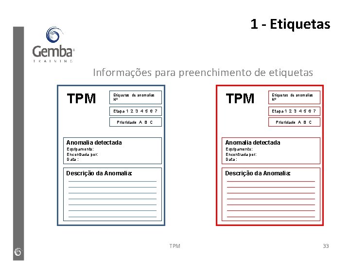 1 - Etiquetas Informações para preenchimento de etiquetas TPM Etiquetas de anomalias Nº Etapa 1 - Etiquetas Informações para preenchimento de etiquetas TPM Etiquetas de anomalias Nº Etapa