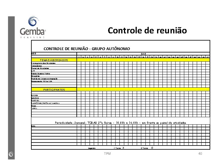 Controle de reunião CONTROLE DE REUNIÃO - GRUPO AUTÔNOMO MÊS : DIAS 1 2 Controle de reunião CONTROLE DE REUNIÃO - GRUPO AUTÔNOMO MÊS : DIAS 1 2