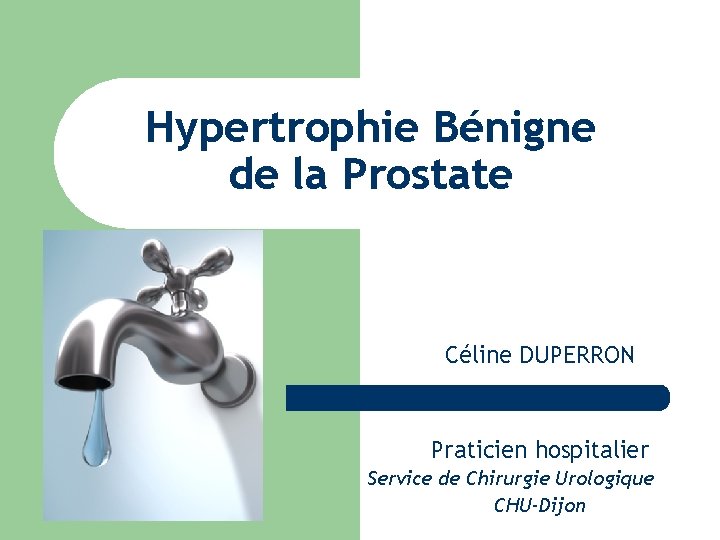 Hypertrophie Bénigne de la Prostate Céline DUPERRON Praticien hospitalier Service de Chirurgie Urologique CHU-Dijon
