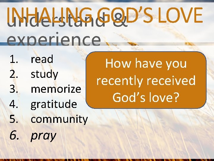 INHALING GOD’S LOVE understand & experience 1. 2. 3. 4. 5. read How have