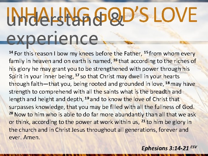 INHALING GOD’S LOVE understand & experience 14 For this reason I bow my knees