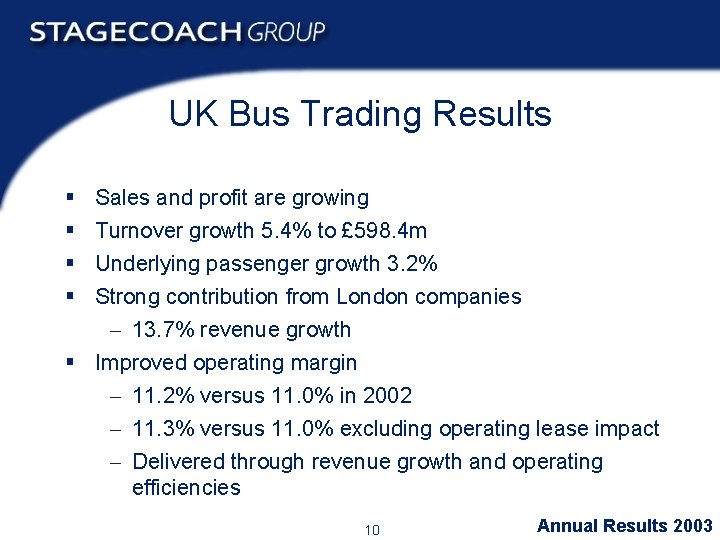 UK Bus Trading Results § § Sales and profit are growing Turnover growth 5.