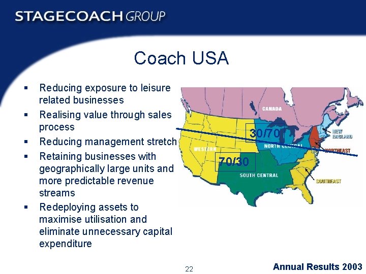 Coach USA § § § Reducing exposure to leisure related businesses Realising value through