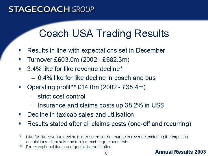 Coach USA Trading Results § Results in line with expectations set in December §