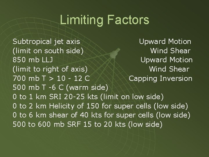 Limiting Factors Subtropical jet axis Upward Motion (limit on south side) Wind Shear 850