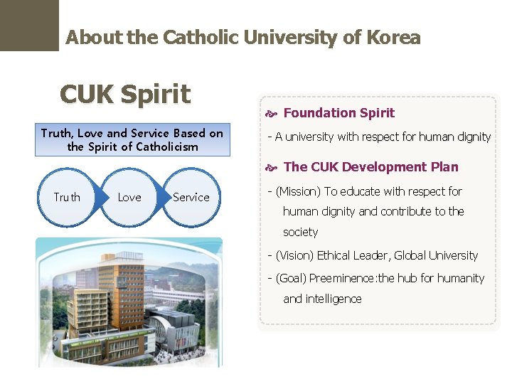 About the Catholic University of Korea CUK Spirit Truth, Love and Service Based on