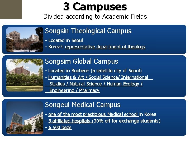 3 Campuses Divided according to Academic Fields Songsin Theological Campus - Located in Seoul