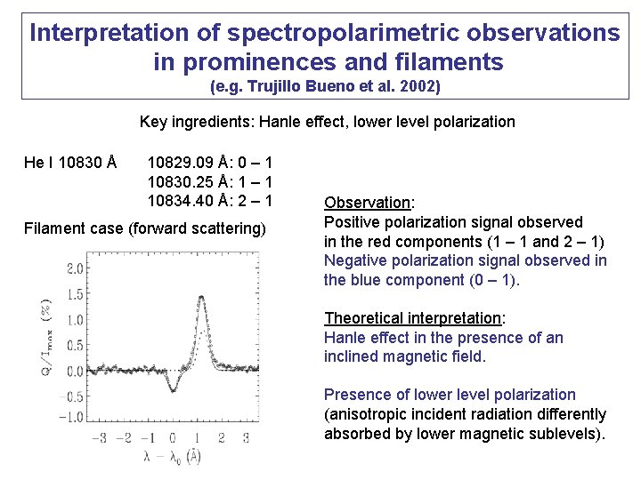 Interpretation of spectropolarimetric observations in prominences and filaments (e. g. Trujillo Bueno et al.