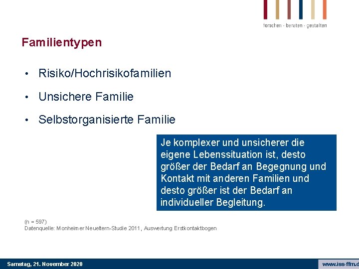 Familientypen • Risiko/Hochrisikofamilien • Unsichere Familie • Selbstorganisierte Familie Je komplexer und unsicherer die