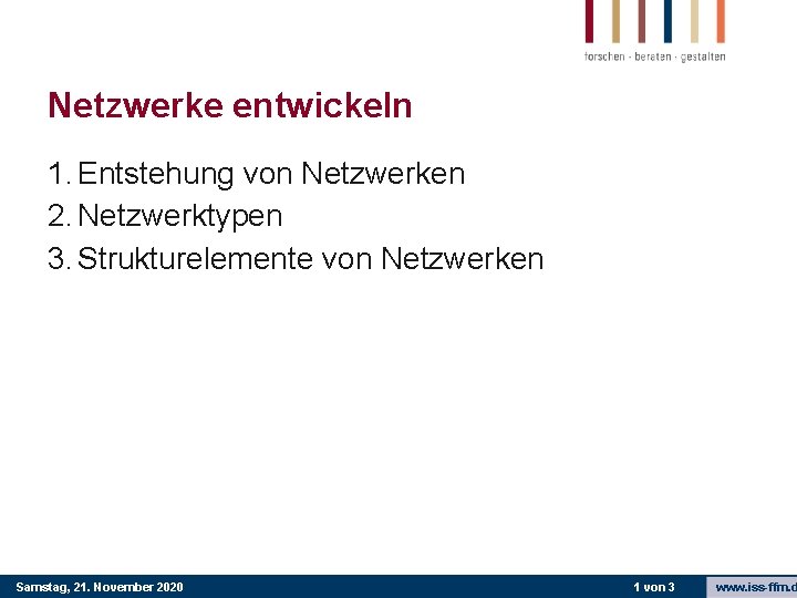 Netzwerke entwickeln 1. Entstehung von Netzwerken 2. Netzwerktypen 3. Strukturelemente von Netzwerken Samstag, 21.