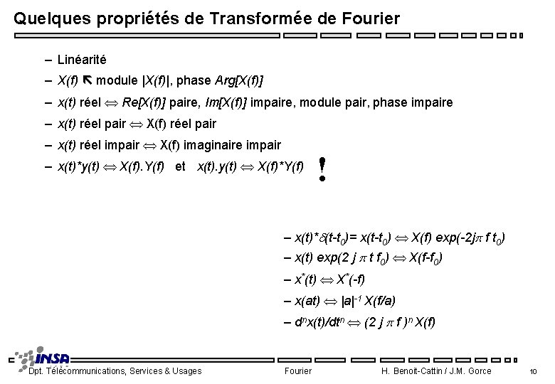 Quelques propriétés de Transformée de Fourier – Linéarité – X(f) module |X(f)|, phase Arg[X(f)]